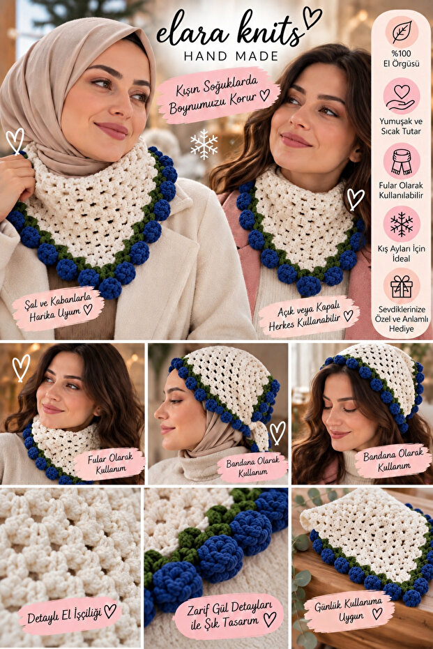 Hand Knitted Cotton Thread Floral Scarf Neck Collar