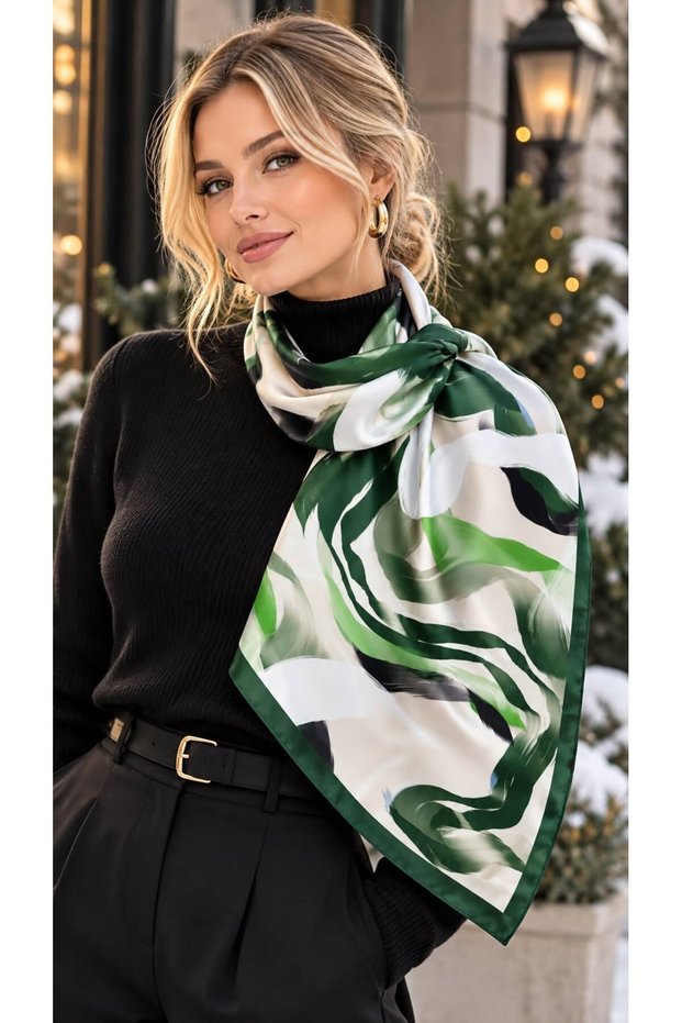 Flr27-57 Green Patterned Women's Scarf 70X70 cm