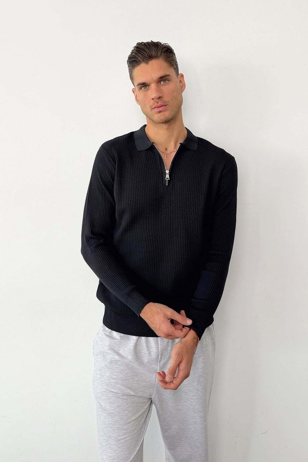 Men's Polo Collar Zipper Detailed Ribbed Knit Sweater Navy Blue - 27007