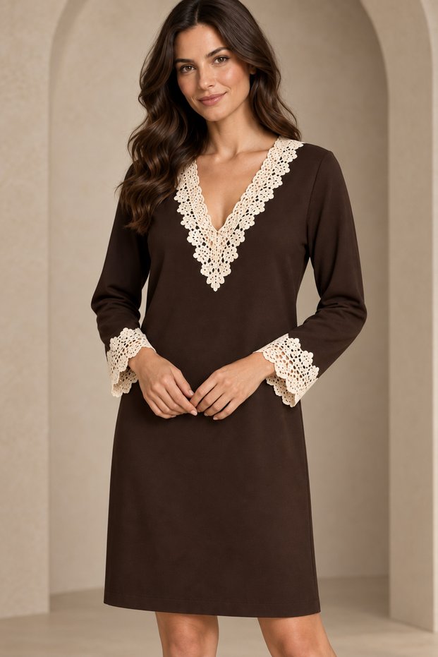 City Chic | New Season Women's Long Sleeve Lace V-Neck Viscose Two Thread Short Dress