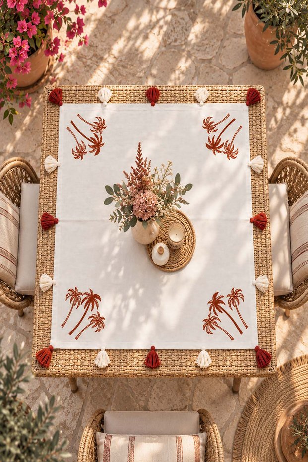 Embroidered Tasseled Square Table, Coffee Table, Fiskos Cover-Ecru