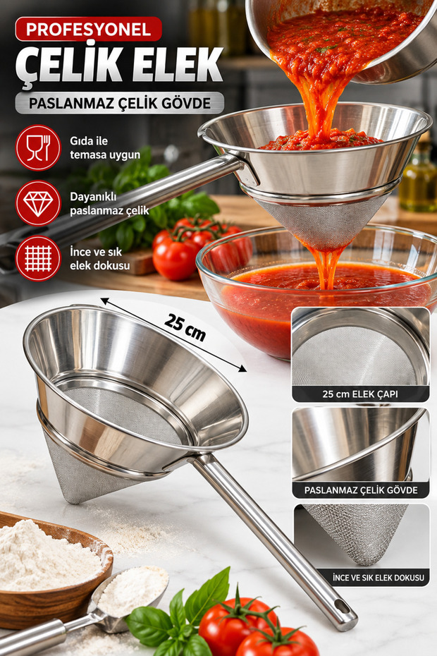 Professional Stainless Steel Conical Sieve Strainer with Double Strainer 25cm Large Size Ra701