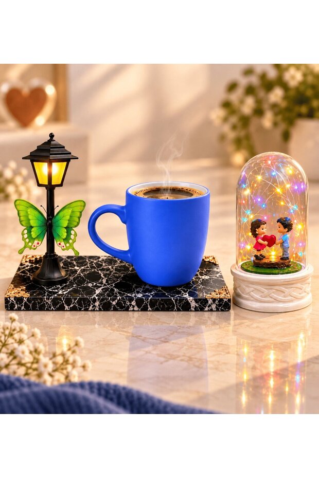 Blue Mug with Led Street Light and Led Lighted Heart-Holding Lovers Figurine Jar Set