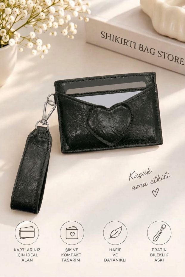 Khaki Color Double-Sided Heart Detailed Mini Size Women's Card Holder