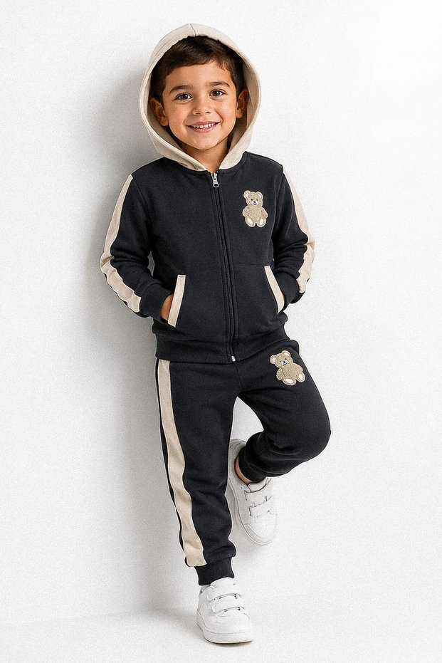 Teddy Bear Embroidered Hooded Three Yarn Boys' Double Set - 26K 6455