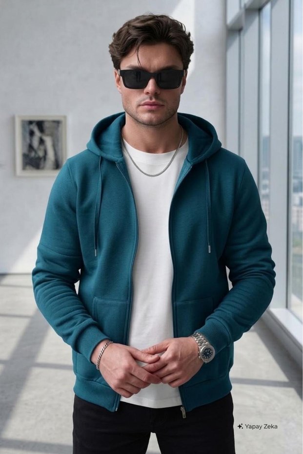 Men's Petrol Hooded Full Zip Cardigan
