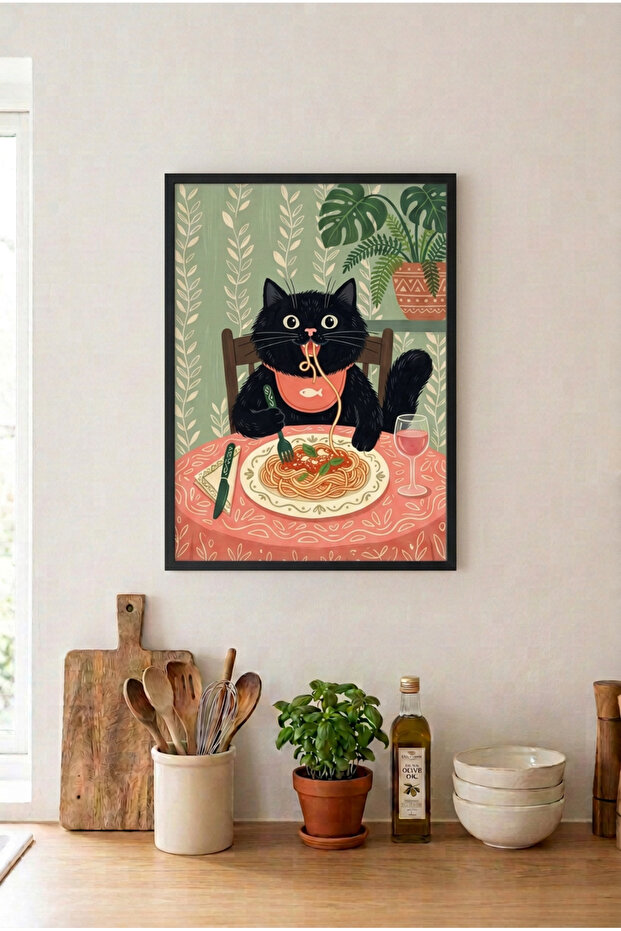 Cat Eating Pasta Black Wooden Framed Mdf Painting - Cat in the Kitchen Kitchen Decor Huhu3228 - Single Painting Black Frame