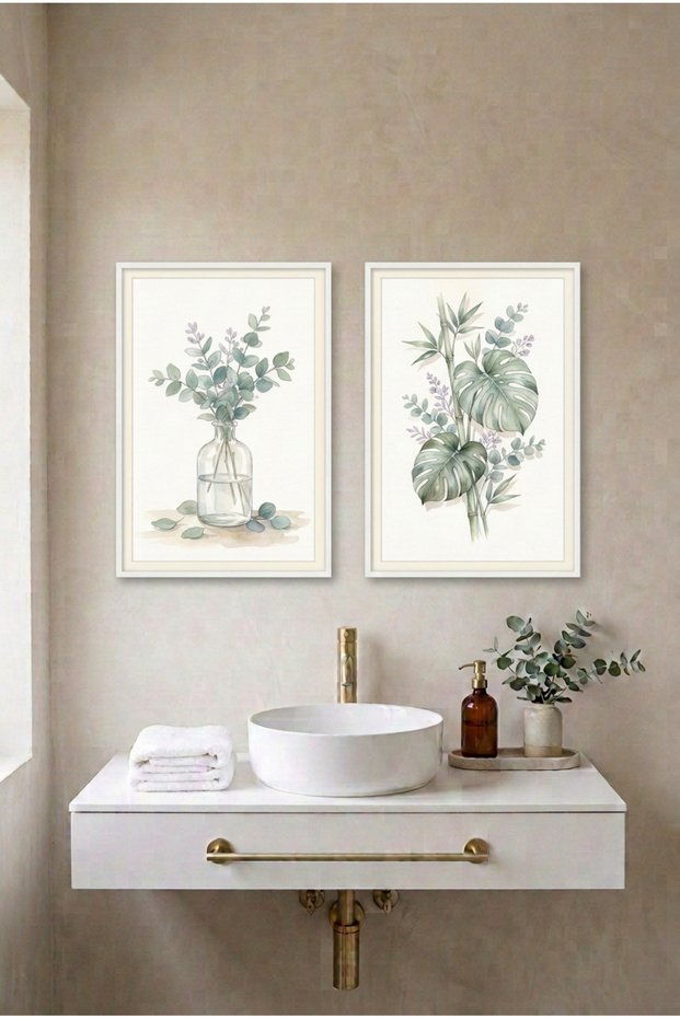 2-Piece Eucalyptus and Monstera White Wooden Framed Mdf Bathroom Painting Set Huhu3267 - Double Painting Set White Frame