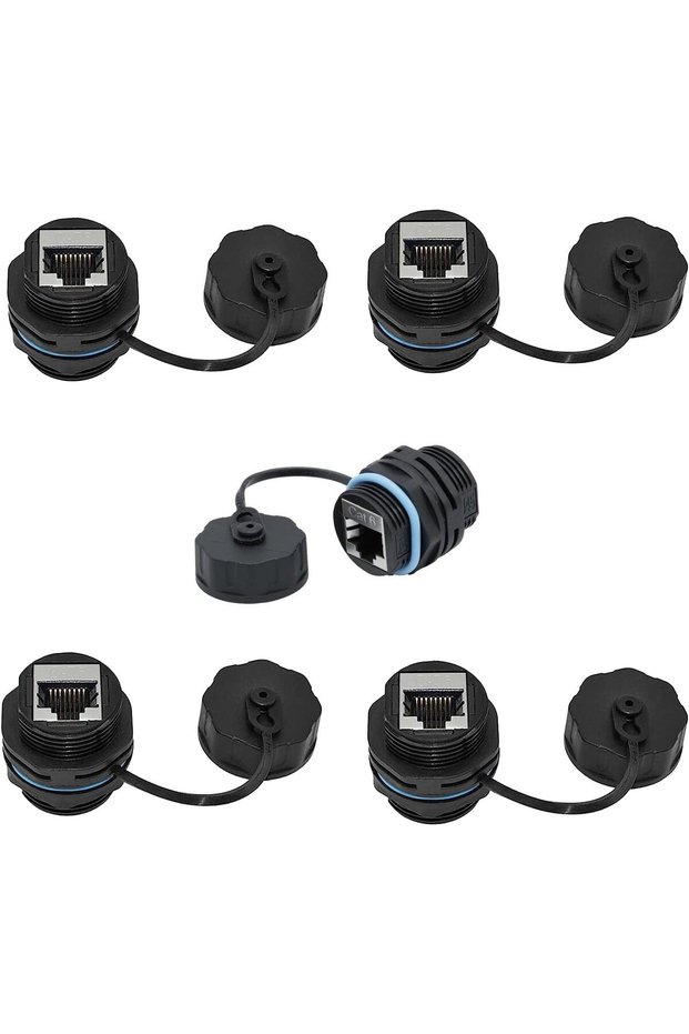 ® CAT6 RJ45 Shielded IP67 Waterproof/Dust Cap Single Industrial Panel Mount Bulkhead Ethernet Female to Female Feed Thru Coupler Waterproof RJ45 Pass Through Connector, Black (5-Pack)