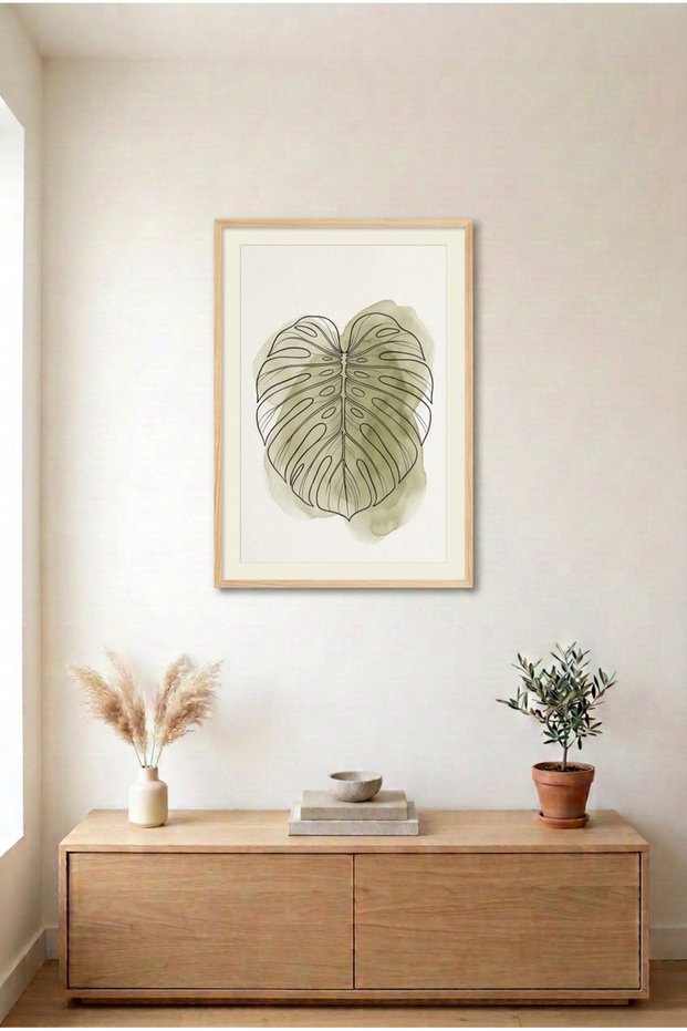 Monstera Leaf Illustration Wooden Framed Mdf Painting - Botanical Line Art Living Room Decor Huhu3288 - Single Painting Natural Wood Frame