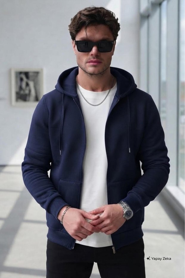 Men's Navy Blue Hooded Full-Zip Cardigan