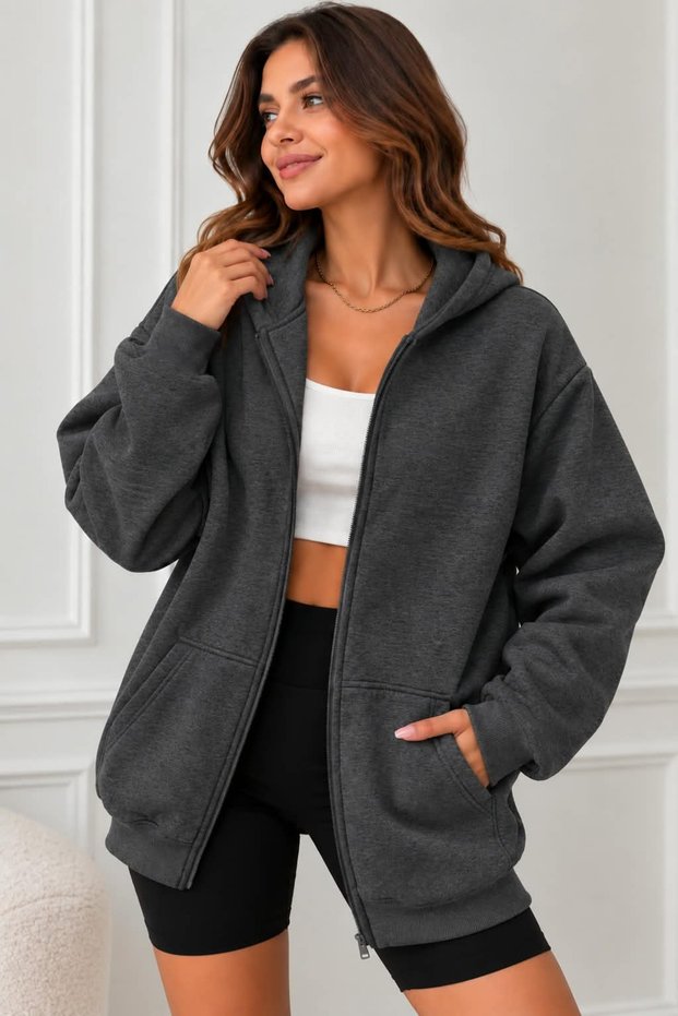 Women's Oversize Hooded Zippered Pocket Casual Sweatshirt Cardigan