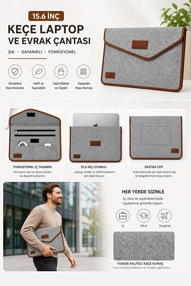 ® 15.6 Inch Gray Velcro Felt Laptop and Briefcase, Notebook Computer and File Carrying Bag
