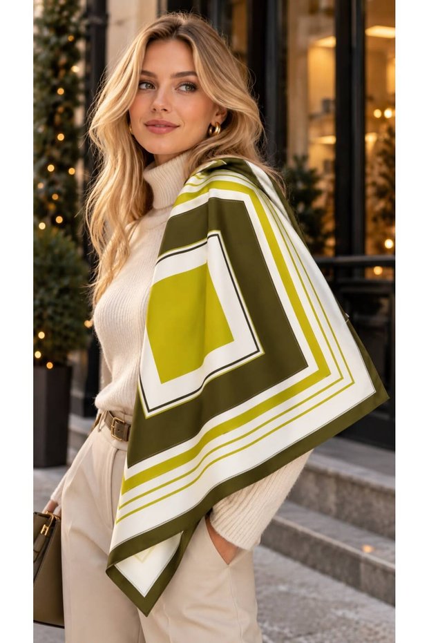 Flr27-65 Green Patterned Women's Scarf 90X90 cm