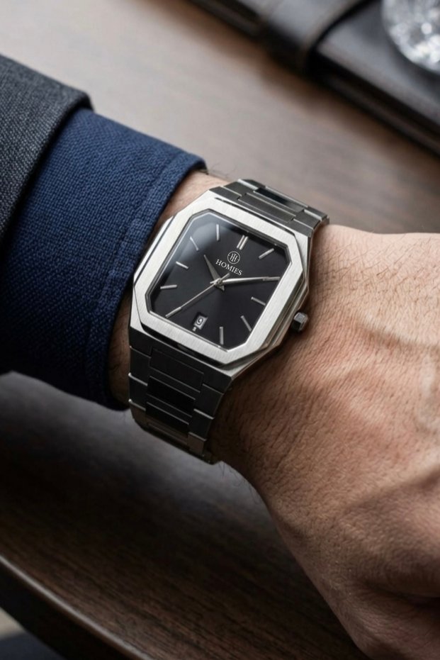 Steel Cord Square Black Dial Men's Wristwatch