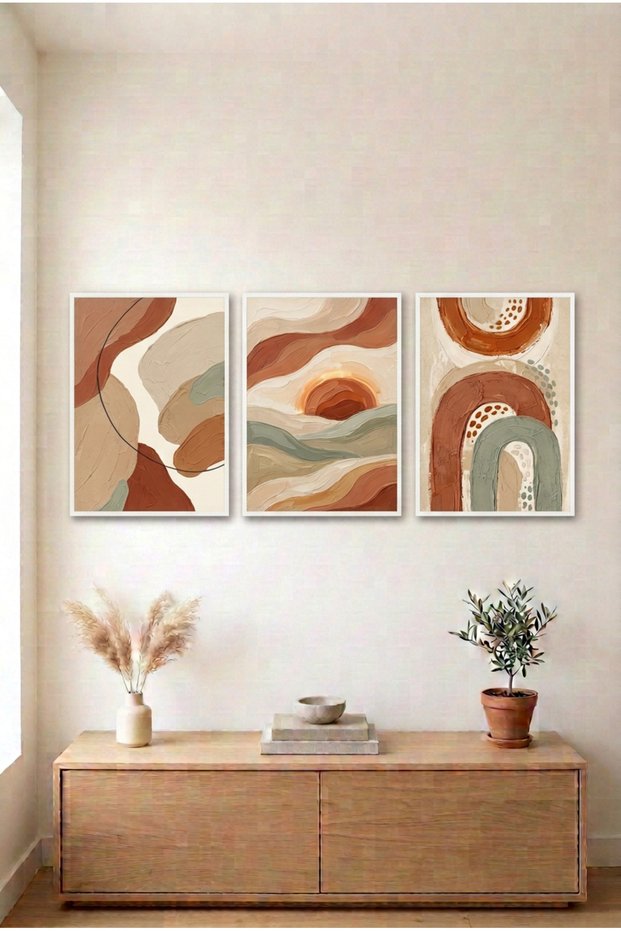 3-Piece Abstract Earth Tones White Wooden Framed Mdf Painting Set - Living Room Wall Decor Huhu3315 - Triple Painting Set White Frame