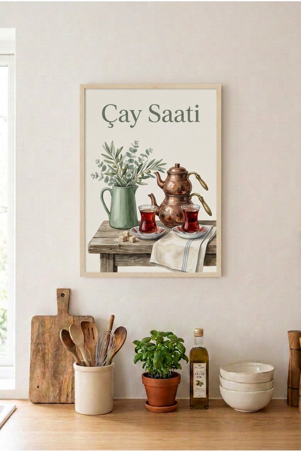 Teapot and Slim-Waisted Tea Wooden Framed Mdf Table - Turkish Breakfast and Coffee Kitchen Decor Huhu3223 - Single Table Natural Wood Frame