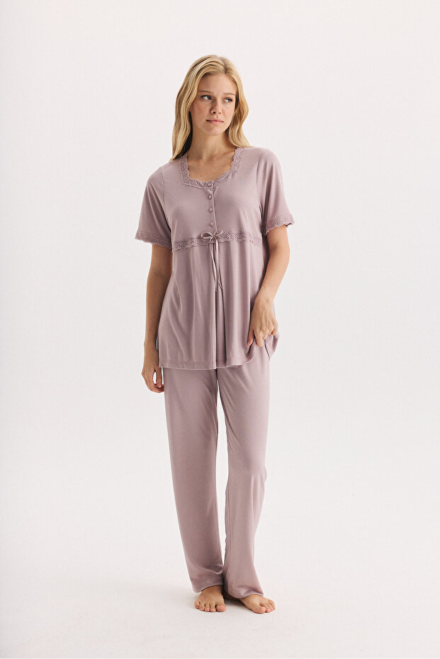Bamboo Lace Detailed Maternity Pajama Set 30256-30260-30275
