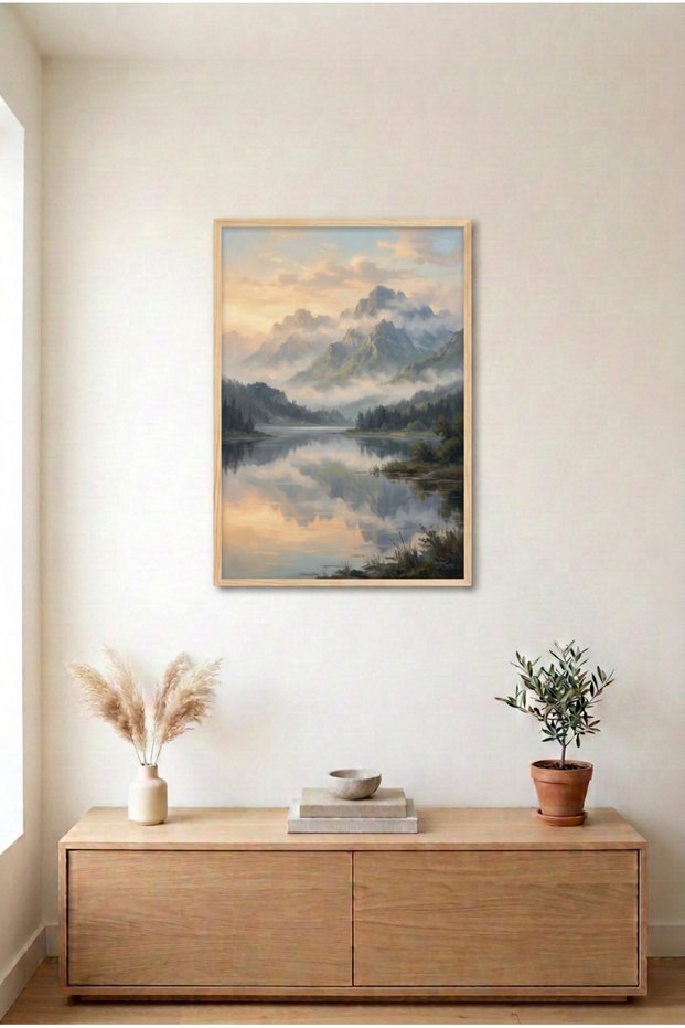 Foggy Mountains and Lake Wooden Framed Mdf Painting - Foggy Nature Scenery Living Room Decor Huhu3291 - Single Painting Natural Wood Frame