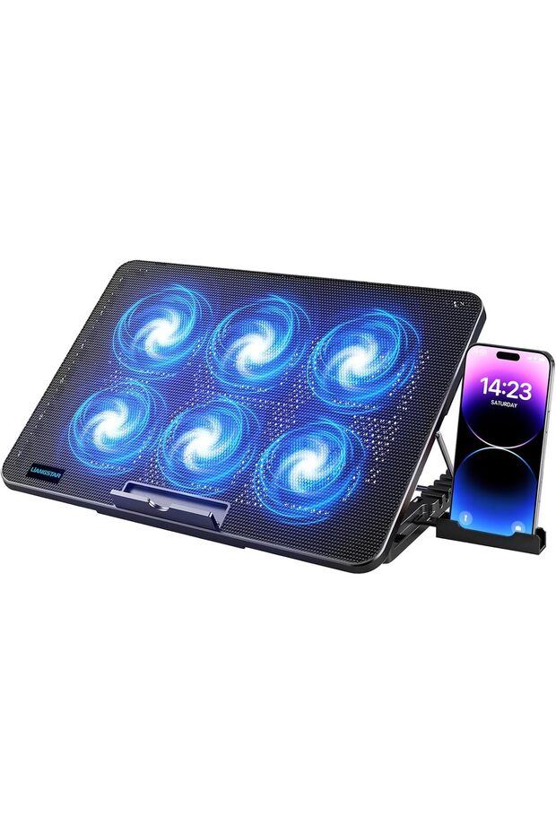Laptop Cooling Pad, Laptop Cooler with 6 Quiet Fans for 12-17 Inch Notebook Gaming Fan Stable Stand, 7 Height & Wind Speed Adjustable, 2 USB Port & Phone Holder (Black)