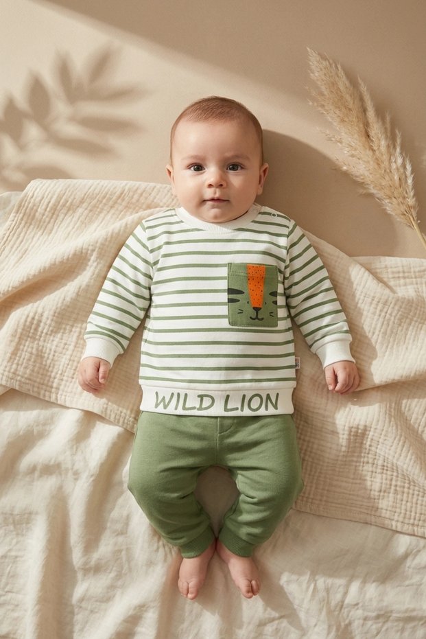 Wild Lion Striped 2-Piece Baby Boy Set - 100% Cotton Modern Safari Design