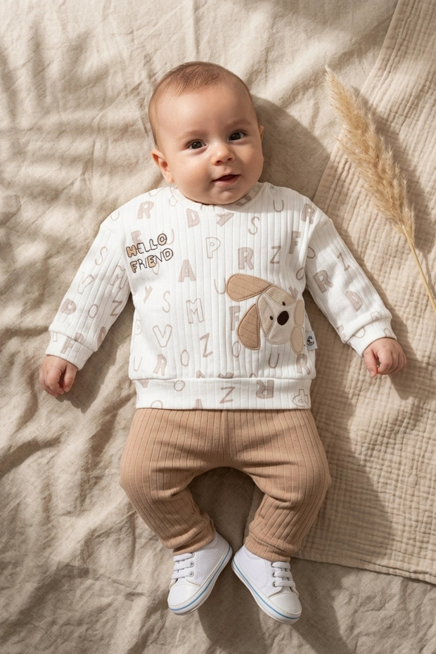 100% Cotton Ribbed Hello Friend Dog Embroidered Alphabet Patterned Baby Boy 2-Piece Top and Bottom Set