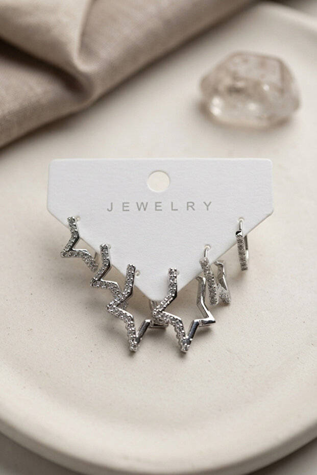 Silver Color Zircon Stone Brass Star Model Women's Earring Set Tj-Bkp12155