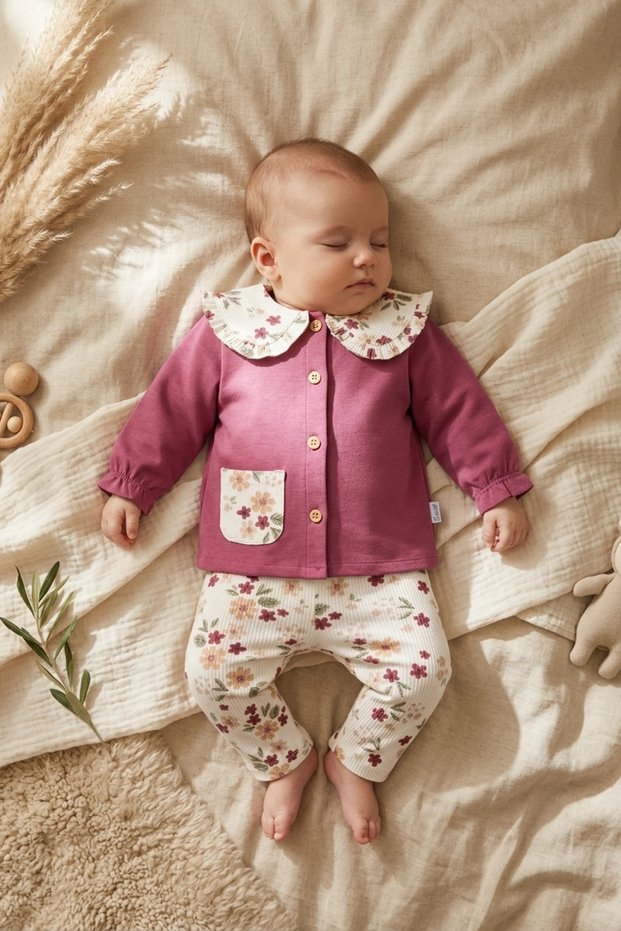 Baby Girl Fuchsia Floral Detailed Baby Collar Buttoned Cardigan and Ribbed Leggings Two-Piece Set - 100% Cotton Yum