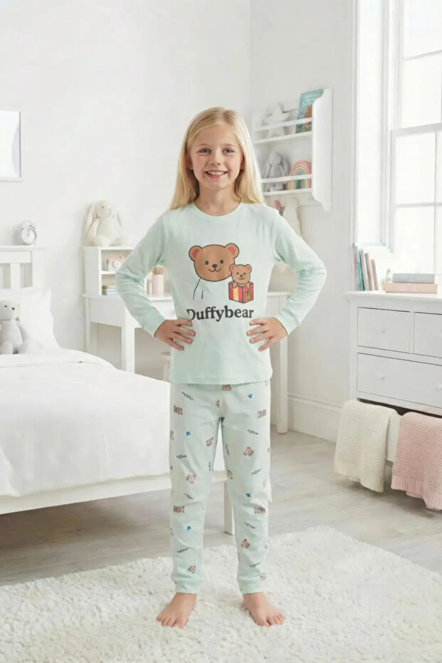 Aqua Green Dufy Bear Printed Unisex Pajama Set