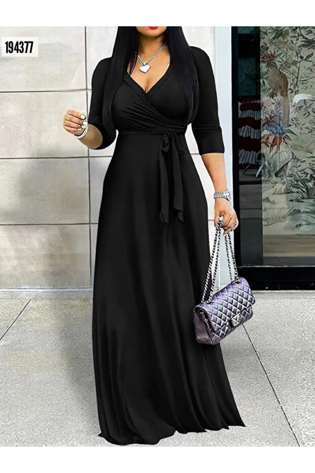 Women's Three Quarter Sleeves, Double Breasted Collar, Belted Waist, Long Viscose Two Thread Dress