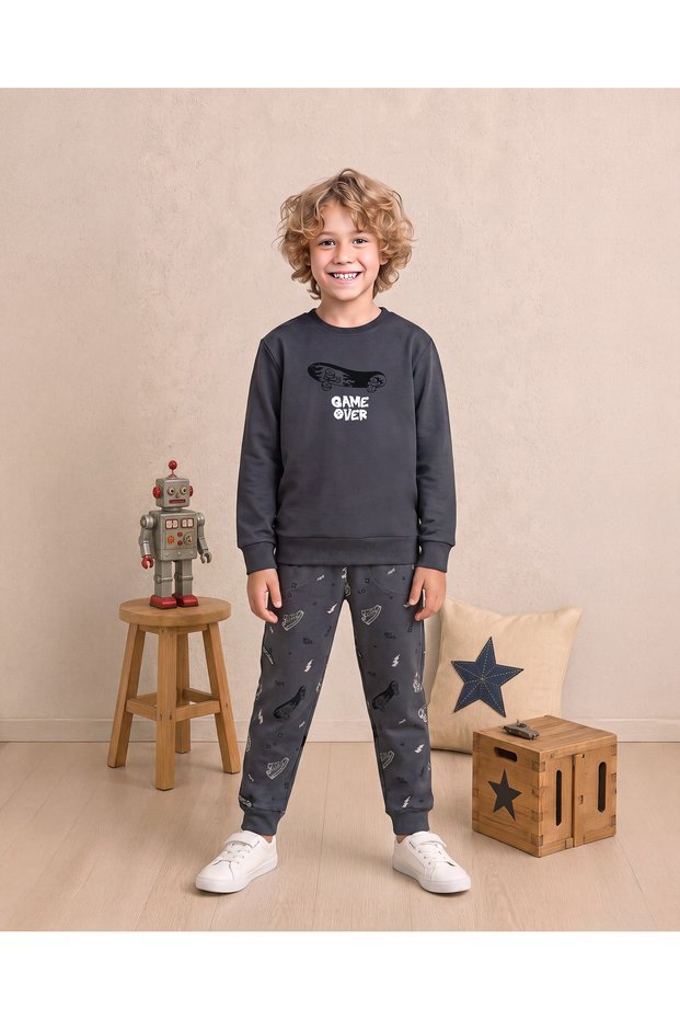 Boy's 100% Cotton Interlock Game over Printed Long Sleeve Pajama Set Gray