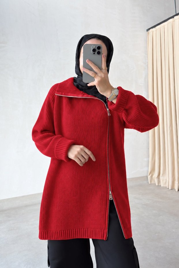 Double Zipper Knitwear Sweater - Red