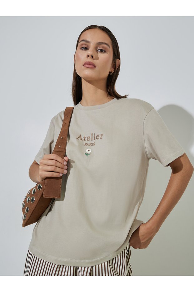 Beige Slogan Embroidered Short Sleeves Regular Fit T-Shirt