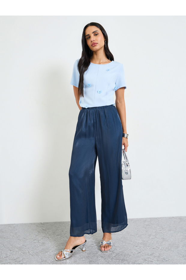 Dark Blue Wide-Leg Trousers with Elastic Waist