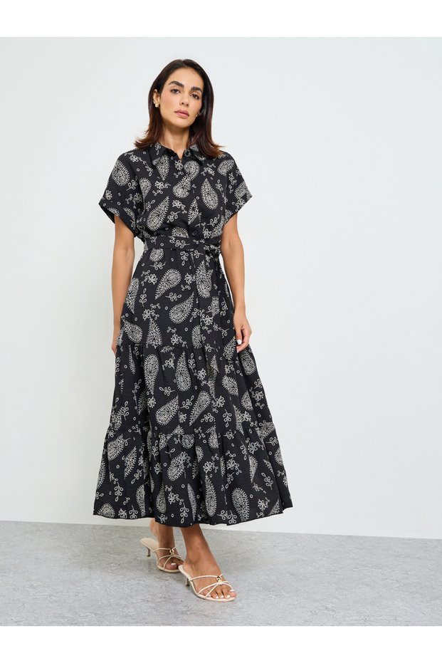 Black Paisley Tiered Maxi Dress with Short Sleeves