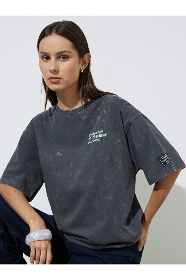 Grey Acid Wash Oversized T-Shirt with Embroidery