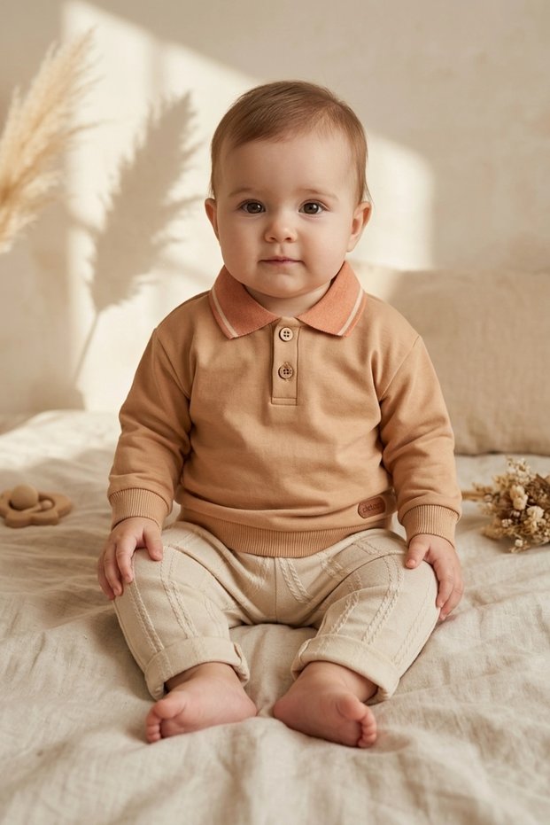 Nora Baby & Kids Pastel Polo Collar Cotton Sweatshirt and Ribbed Trousers Two-Piece Set - Cream and Brown