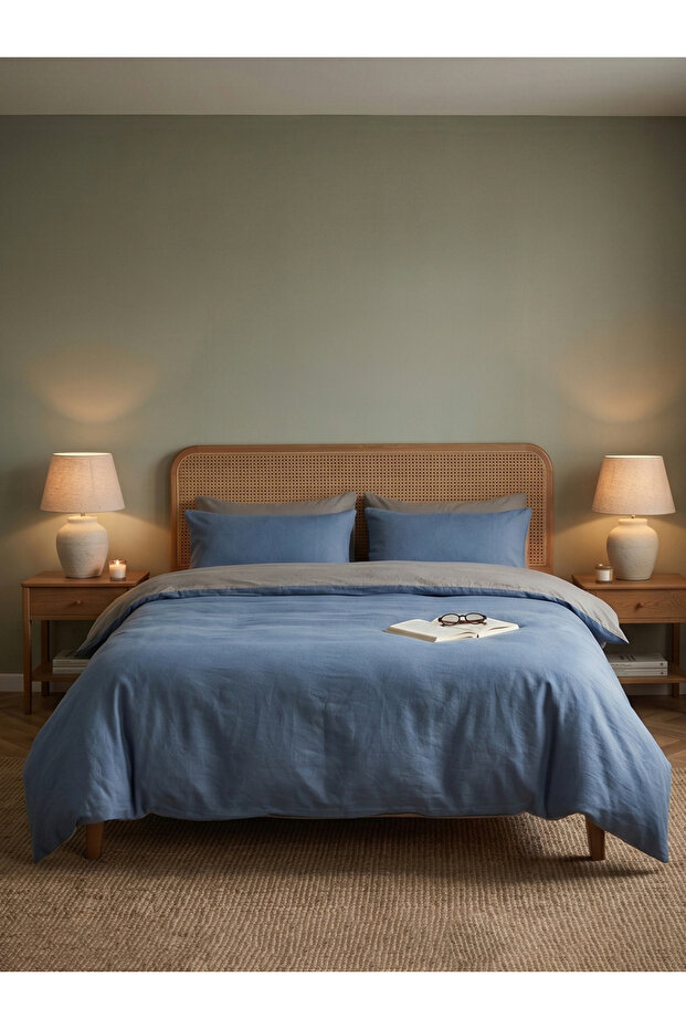 4-Piece Washed Cotton Comforter Set - Blue 180x220cm