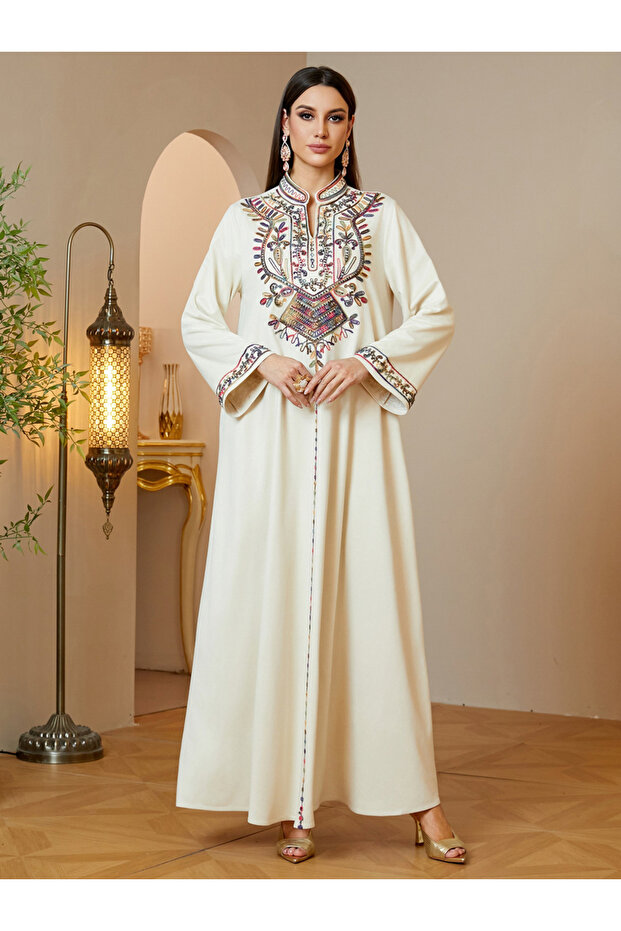 Beige Maxi Jalabiya with Vibrant Embroidery