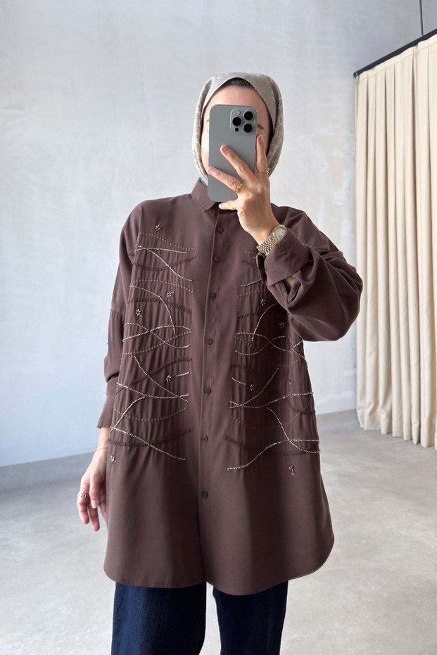 Geometric Pattern Oversize Shirt - Brown