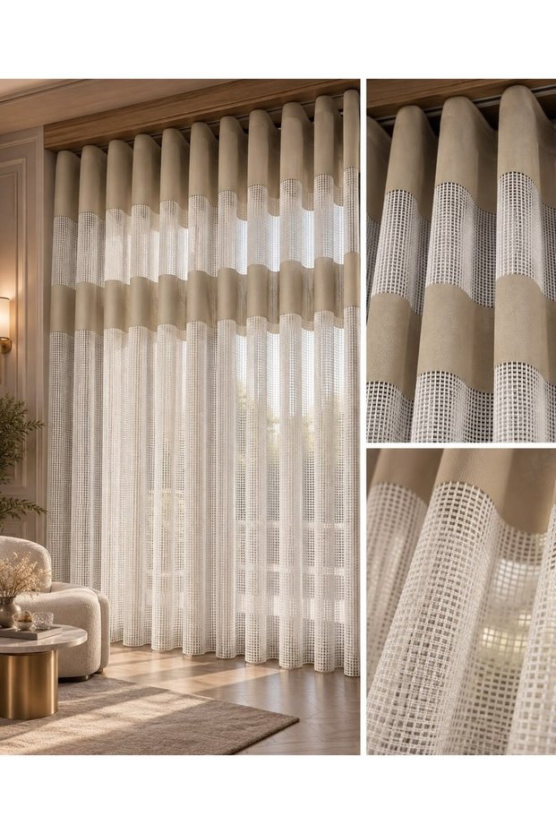 New Design Heavy Mesh Band Model with Tight Pleats - Beige with Border
