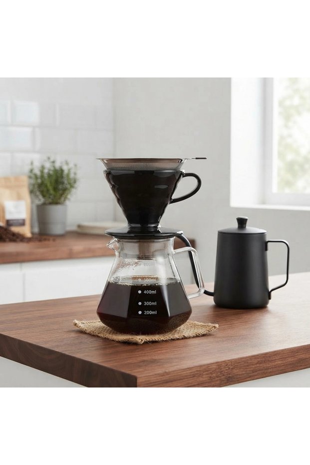 V60 Ceramic Filter Coffee Brewing Set Steel Filter 600 ml (Black)