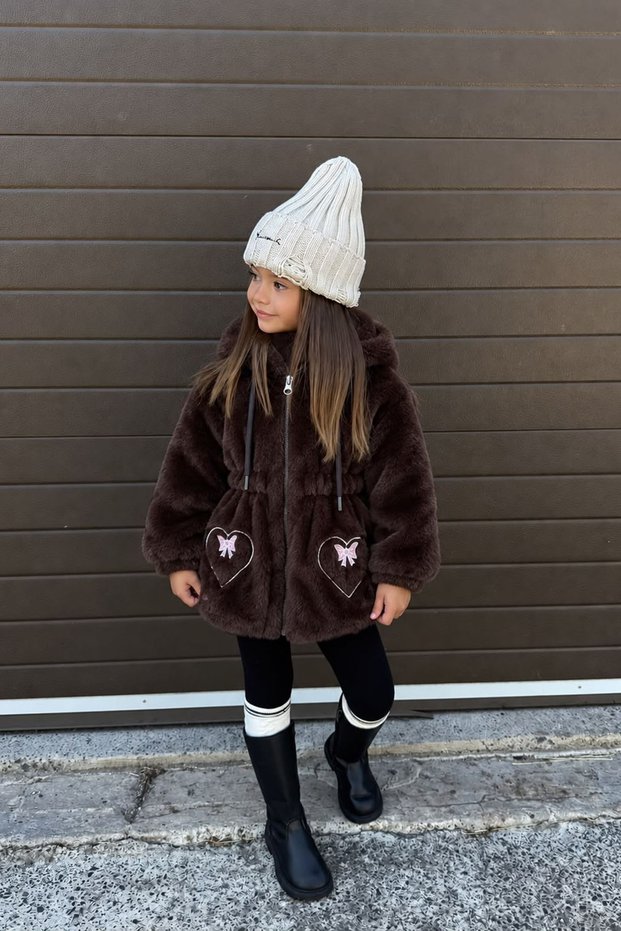 Heart Bow Embroidery Detailed Hooded Plush Cardigan for Girls - Bitter Brown
