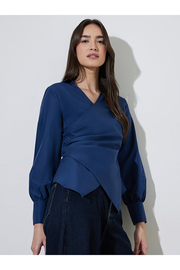 Navy Blue Asymmetric Hem Solid Wrap Top