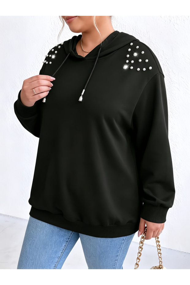 Plus Size Black Pearl Embellished Pullover Hoodie