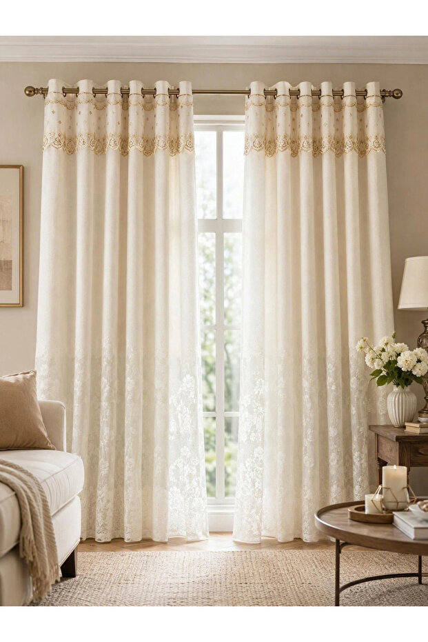 1-Piece Floral Lace Curtain, Cream
