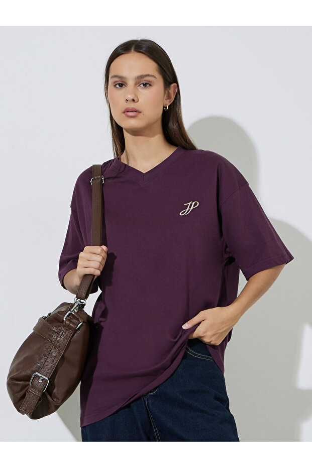 Purple Tonal Embroidery V Neck Oversized T-Shirt