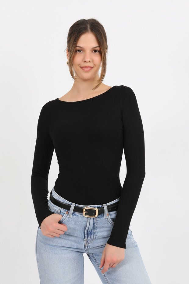 Women's Black Boat Neck Soft Knitted Long Sleeve Blouse - H6179