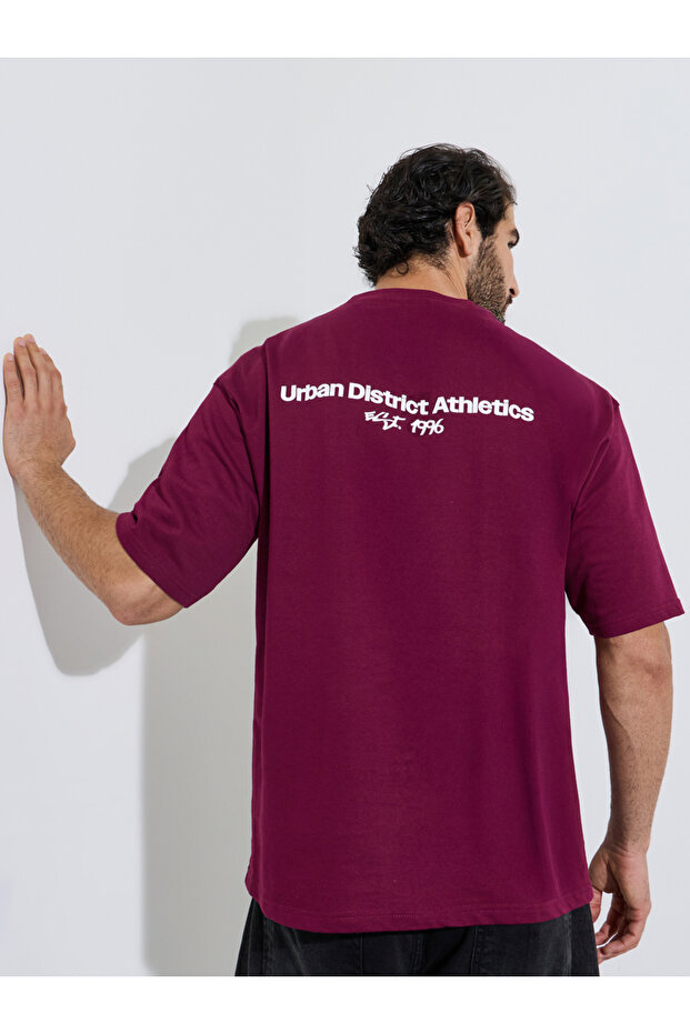Men Maroon Oversized Puff Print Cotton Terry T-Shirt