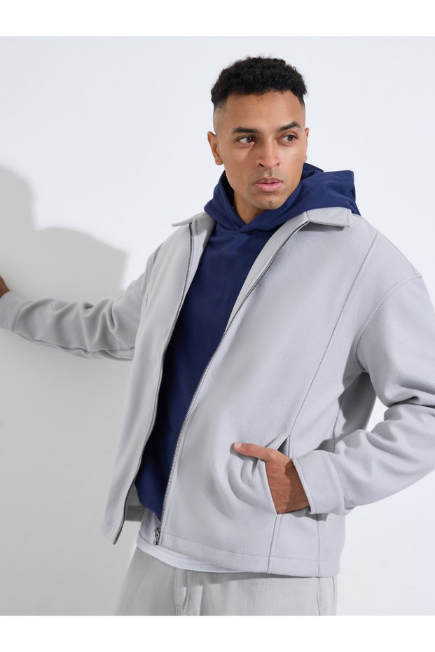 Grey Solid Minimal Zip-Up Jacket